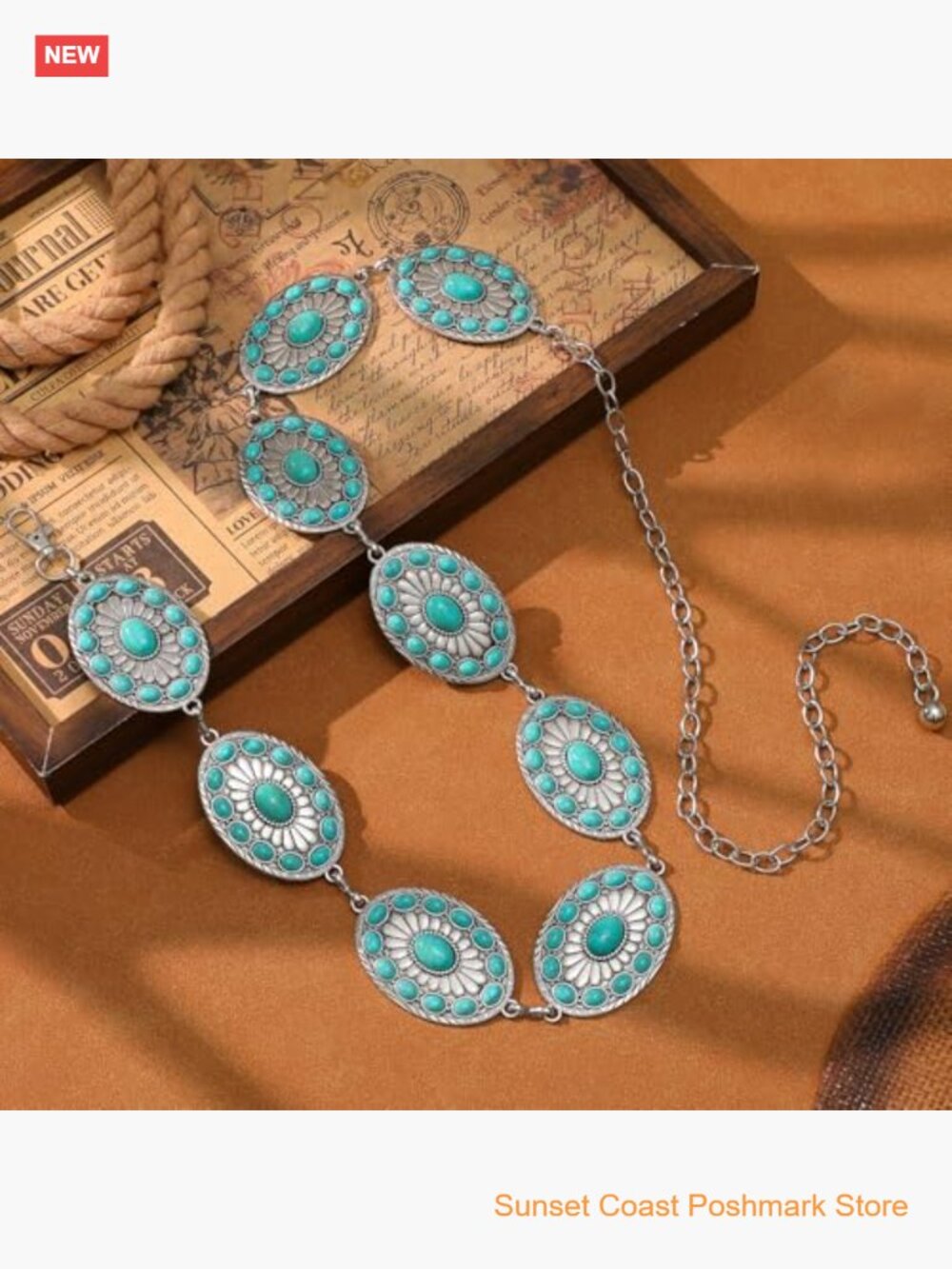 Western Turquoise Concho Chain Belt for Cowgirl Waist Dress Jeans - Picture 4 of 6